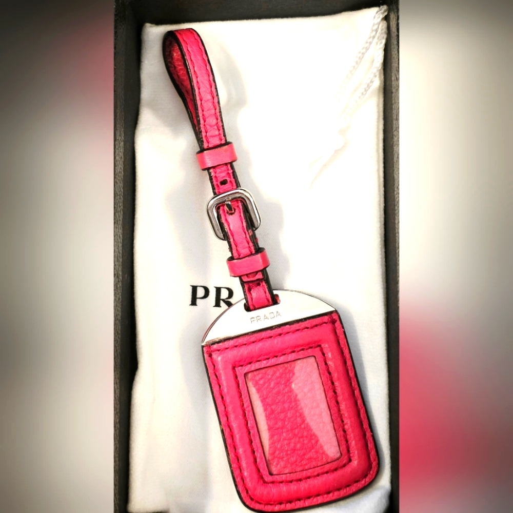 PRADA luggage Tag/ Bag Charm. Peonia Pink Leather/Silver-tone Hardware